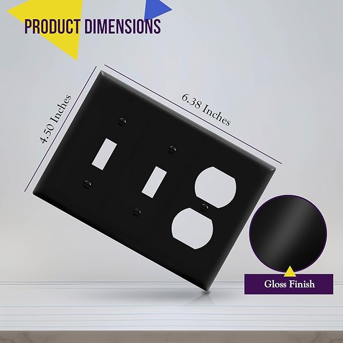 ENERLITES Combination Triple Gang Wall Plate, Double Toggle Switch/Single Duplex Receptacle Cover Plate, Standard Size 3-Gang 4.5" x 6.38", Polycarbonate Thermoplastic, 881221-BK, Black
