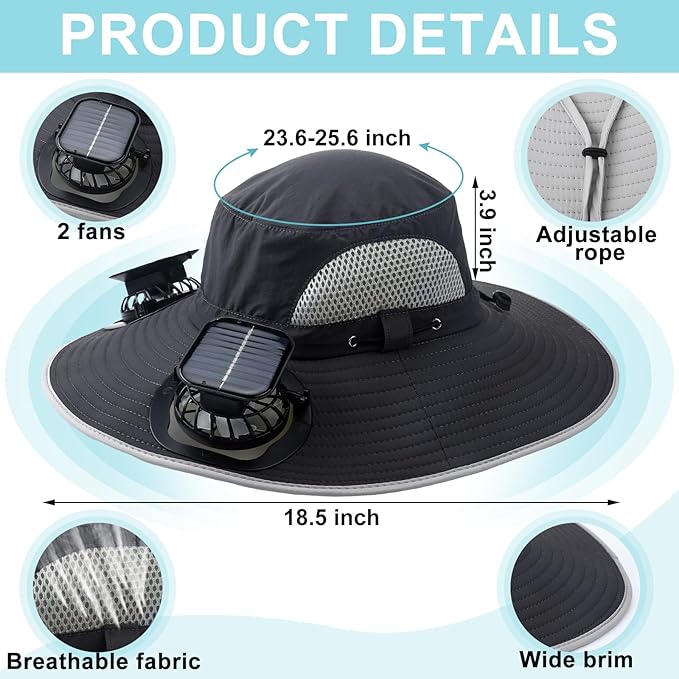 Glitopper 2 Set Wide Brim Solar Fan Hats with 2 Solar Fan and Arm Sleeves Set Outdoor Fishing Bucket Hat for Men Women Hiking