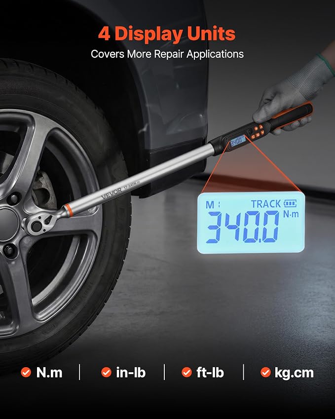 VEVOR Torque Wrench Set 1/2" Drive Digital Torque Wrench 4 Display Units, ±2% Accuracy, LCD Screen, with Buzzer and LED Indicator, with Sockets, Extension Bar, Adapter, for Automotive Repair