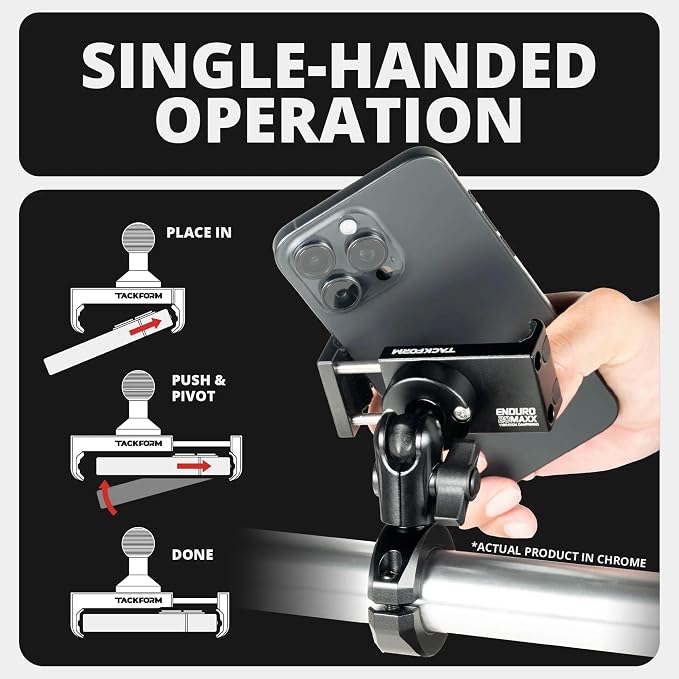 Tackform Chrome Motorcycle All Metal Phone Mount - Vibration Dampening 20MAXX Spring Cradle | Universal Clamp Fits 7/8" to 1-1/4" Handlebars | Compatible with iPhones, Galaxy, More | Short Reach Arm
