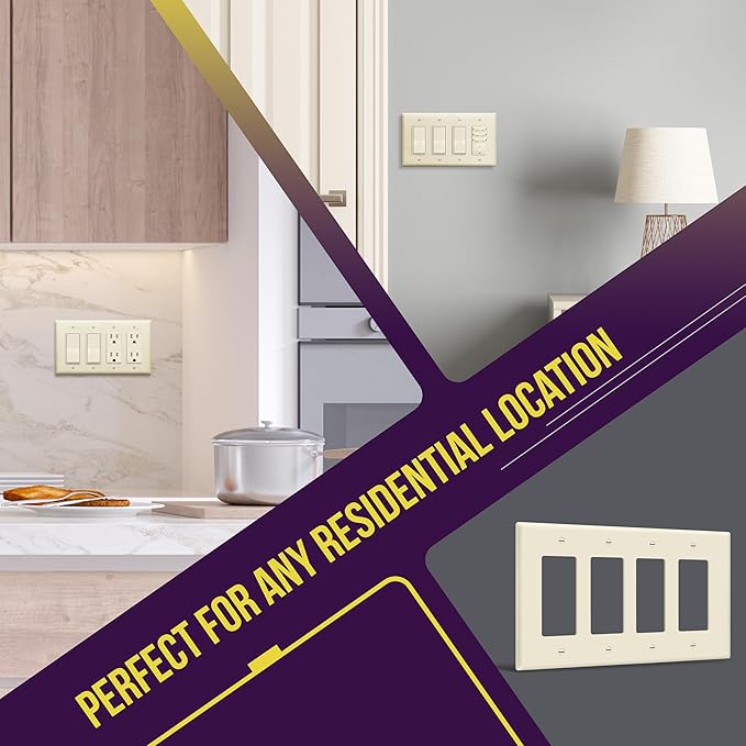 ENERLITES Quadruple Decorator Switch Cover, Four Gang Outlet Wall Plate, Gloss Finish, Mid-Size 4-Gang 4.88" x 8.58", Unbreakable Polycarbonate Thermoplastic, UL Listed, 8834M-LA, Light Almond