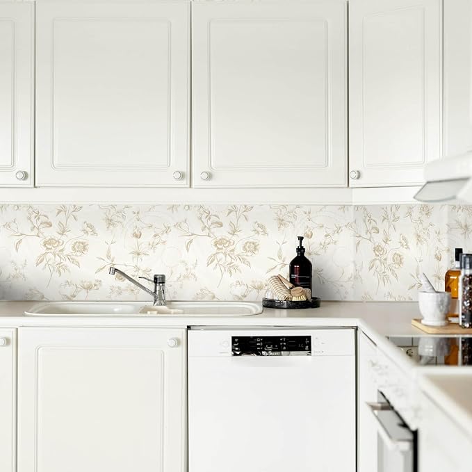 Ismoon Floral Wallpaper Peel and Stick Vintage Beige Stick on Wall Paper French Textured Contact Paper for Cabinet Removable Self Adhesive Wallpaper Vinyl Roll Shelf Deco, 17.3x196in