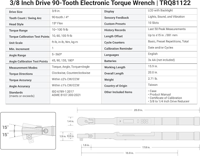TEKTON 3/8 Inch Drive Electronic Torque Wrench | TRQ81122