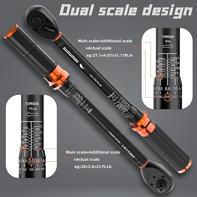 6PCS Torque Wrench Set 1/2 3/8 1/4 Inch Drive Click ±3% Accuracy | 10–170 Ft.lb, 5–45 Ft.lb, 20–220 In.lb, Dual-Direction, 3 Extension Bars Dual-Scale for Car,Moto,Truck,Spark Plug,Bike Repair