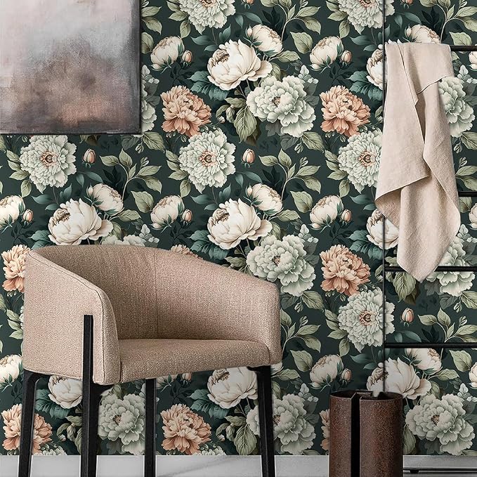 Dark Green White Peonies Vintage Floral Peel and Stick Wallpaper Wall Decor Self Adhesive Wall Paper Stick on Easy Peel Off Contact for Renter Apartment