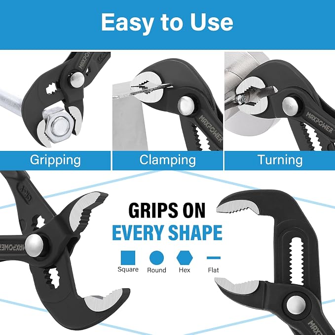 MAXPOWER 7" 10" 12" Water Pump Pliers, Quick Adjustment Push Button Pliers | Jaw Capacity 0.98" 1.4" 1.6", 3-pieces Tongue-and-Groove Pliers Set