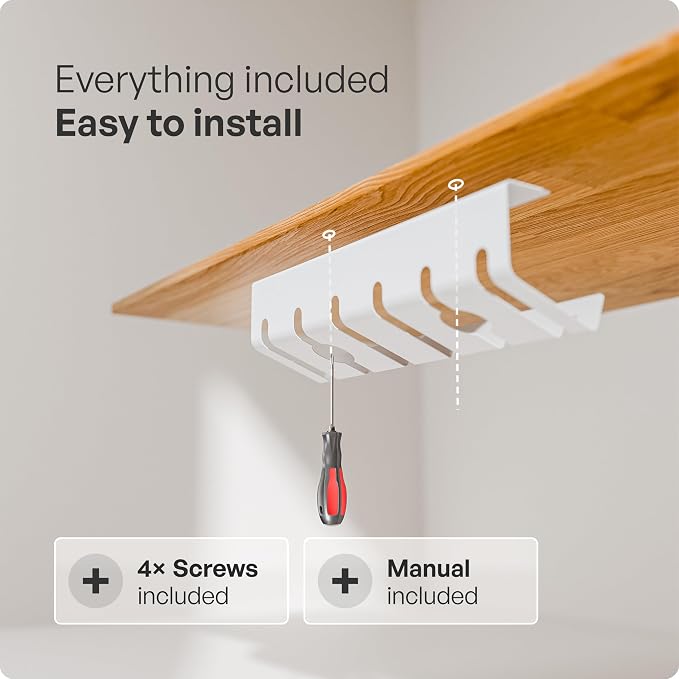 PAMO Cable Management Under Desk for Easy mounting Under-Table I Set of 2 - with 10X Cable Ties I Desk Organizer for Office/Home Office Table Thoughtful Cable Tray Holder | Includes 10 x cable holders, cable clips & screws, easy installation - made of ...