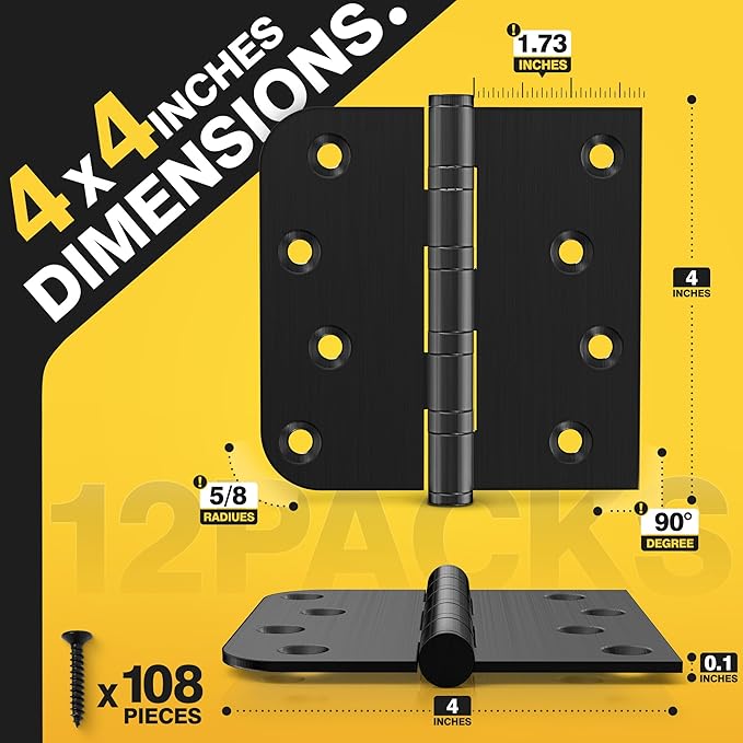 KOLET Ball Bearing Door Hinges, 4 x 4 Inches Black Door Hinges, Heavy Duty Stainless Steel Hinges, Square and 5/8'' Radius Corner, Smooth and Quiet, Non Removable Pin, Matte Black, 12 Pack