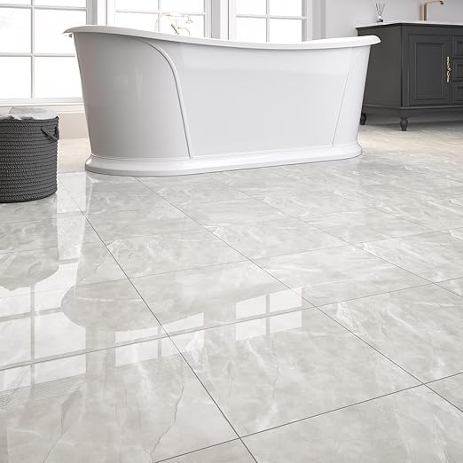 20-Pack Peel and Stick Floor Tiles Vinyl Floor 12 x 12 inch Self Adhesive Waterproof Glossy Flooring Planks DIY for Bathroom, Kitchen, Living Room, RV, Cover 20 Sq. Ft, Polish Light Grey Marble