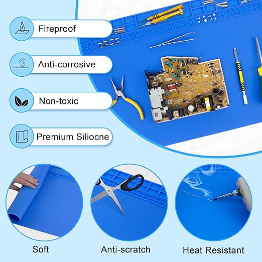 23.7'' x 13.8'' Large Soldering Mat with Wrist Strap 932°F Heat Resistant Extra Large Silicone Solder Mat Repair Workbench Mat for Electronic, Cellphone, Laptop Repair (Blue)