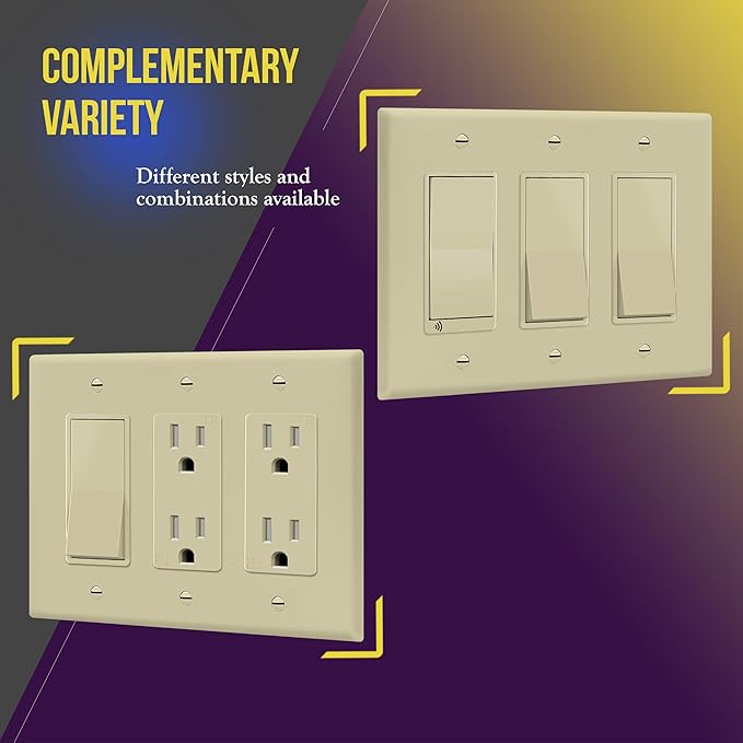 ENERLITES Decorator Light Switch or Receptacle Outlet Wall Plate, 3-Gang 4.88" x 6.77", Gloss Finish, Mid-Size, Polycarbonate Thermoplastic, UL Listed, 8833M-I, Ivory