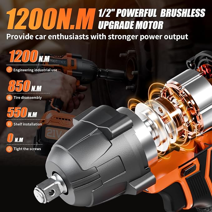 Cordless Impact Wrench, 900Ft-lbs (1200N.m) 1/2" Brushless Impact Gun, 21V High Torque Power Impact Driver, 2x4.0Ah Batteries Electric ImpactMotor Variable Speeds for Car/Pickup Truck/Mower