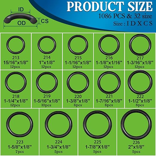 ZDBB 1086 Pcs SAE Standard O Ring Kit Nitrile Rubber O-Rings Assortment with O‘Ring Pick for Hydraulic Automotive Plumbing Faucet Seal Repair 32 Size Inch ID:1/8”-2”