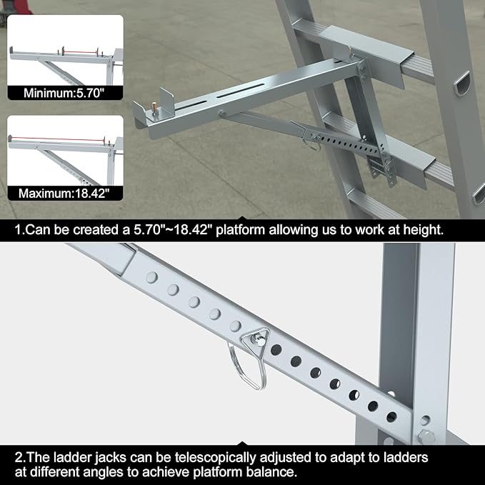 New Upgraded Adjustable Ladder Jacks 2 Pack for Scaffolding Platform, Two-Rung Short Body Extension Ladder Jack Scaffold Bracket, Silver Ladder Platform Accessories Ladder Jack Part for Working Stage