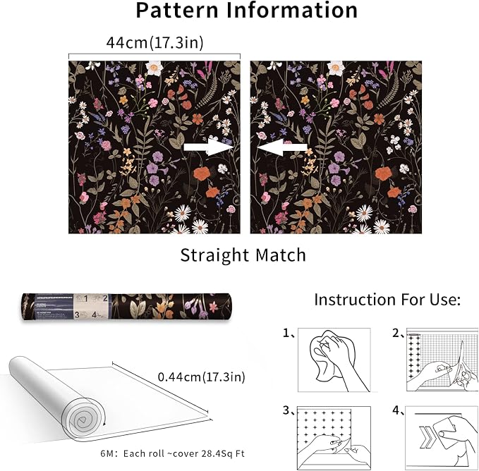 Wallpaper Self-Adhesive Blooming Vintage Colourful Flowers Wall Paper for Bedroom Living Room Cabinet, Peel and Stick Beige Sketch Little Flowers Wallpaper Mural 25.8sq. feet (236.2"x17.3", Black)