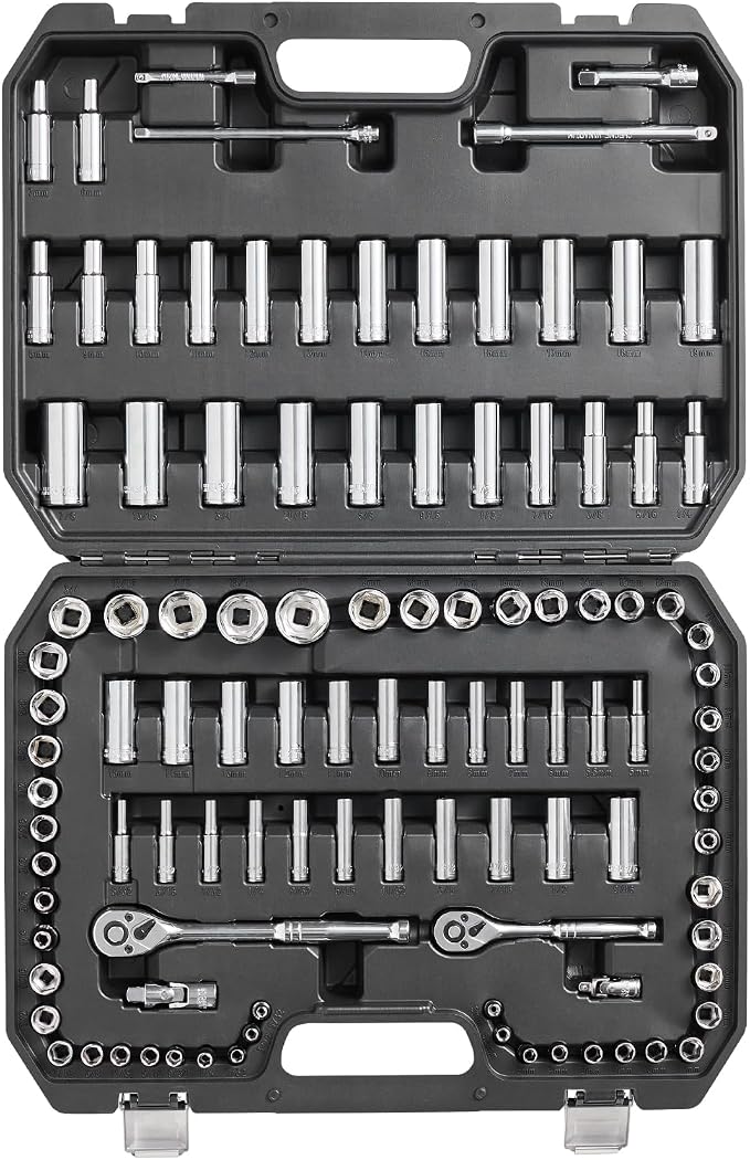 VEVOR Socket Set, 1/4" and 3/8" Drive Socket and Ratchet Set, 6-Point Socket Opening, 106 Pcs Tool Set SAE and Metric, Deep and Standard Sockets, 5/32-1 in, 5-19 mm, with Accessories, Storage Case