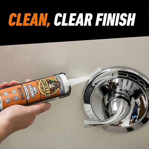 Gorilla 100% Silicone Waterproof Caulk, All‑Purpose Sealant, Mold & Mildew Resistant, Flexible Seal, Clear, 10 oz Cartridge (Pack of 1)
