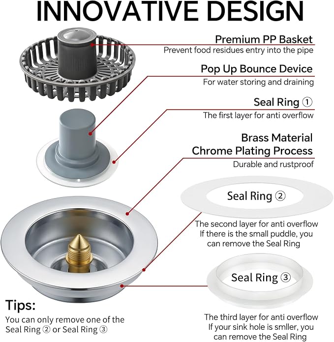 Kitchen Sink Stopper, 3 in 1 Pop Up Kitchen Sink Drain Strainer, with an Extra Basket Strainer, Sink Drain Stopper for US Standard 3-1/2 Inch, Brass Material Electroplate (Silver 2pcs)