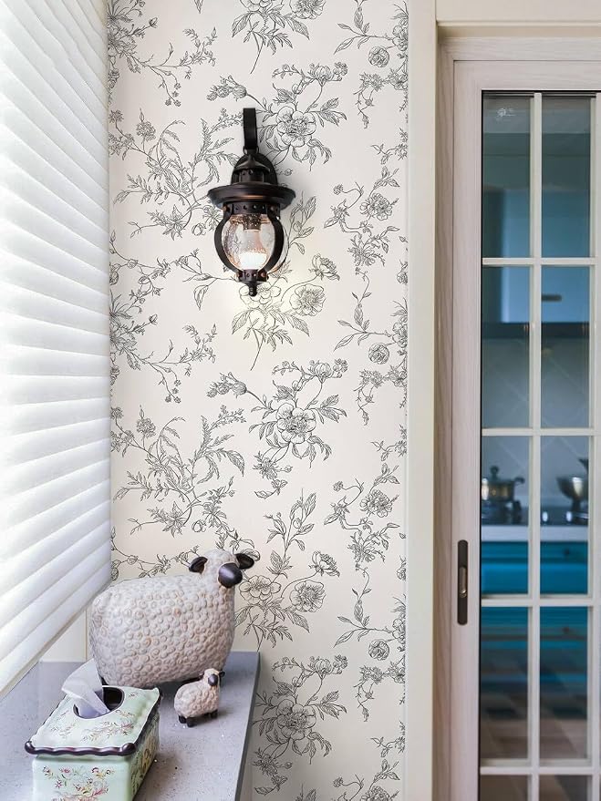 Ismoon Peel and Stick Wallpaper Floral Vintage Stick on Wall Paper Black and White Contact Paper for Cabinet French Textured Removable Self Adhesive Wallpaper Vinyl for Bedroom Wall Deco 17.3 x 196in