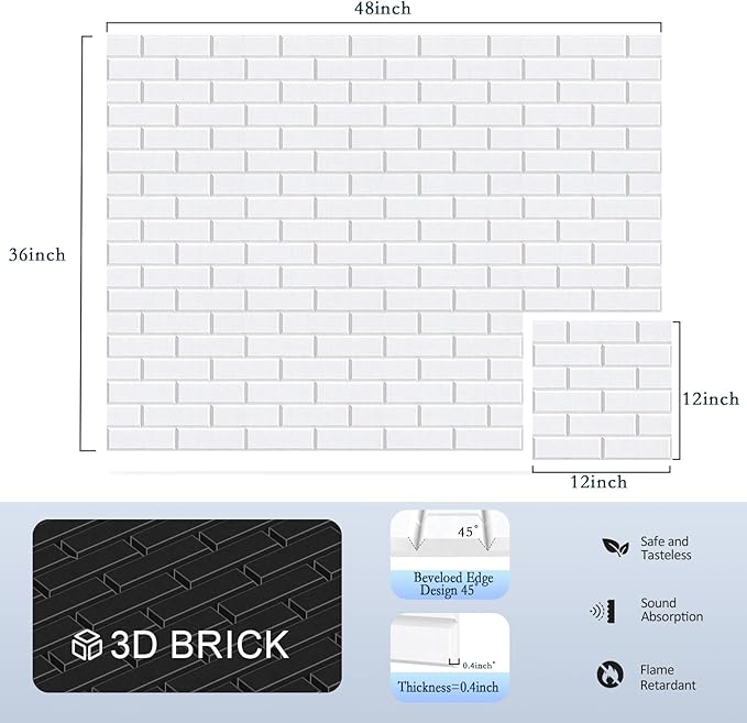 12Pack Acoustic Wall Panels, 12"×12"×0.4" Self-Adhesive 3D Brick Pattern Sound Proof Panels for Walls, High Density Decorative Acoustic Foam Sound Proofing for Recording Studio, Office, White