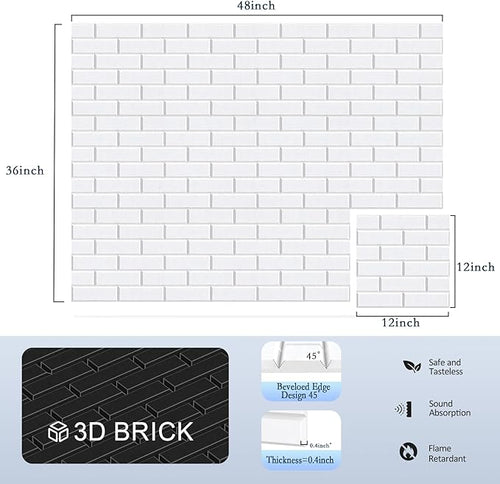 12Pack Acoustic Wall Panels, 12"×12"×0.4" Self-Adhesive 3D Brick Pattern Sound Proof Panels for Walls, High Density Decorative Acoustic Foam Sound Proofing for Recording Studio, Office, White