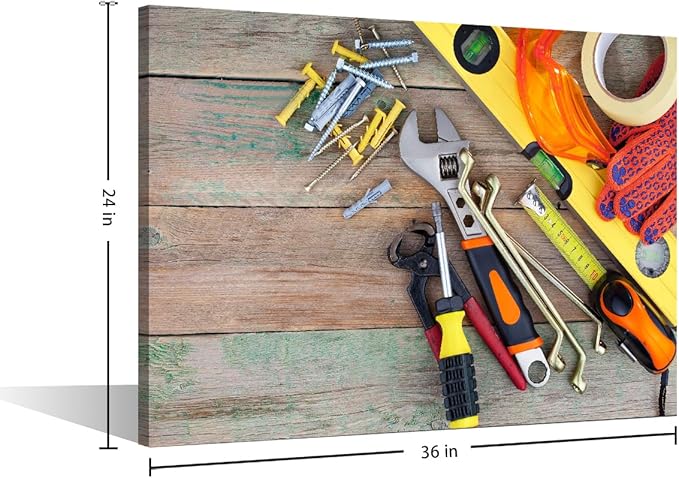 Large Wall Art for Living Room Orange Tool Theme Set of Various Construction Tools on a Wooden Background Top View Poster Canvas Supermarket Hotel Tool Room Hardware Store Wall Decor 1pcs (24"Wx36"H)