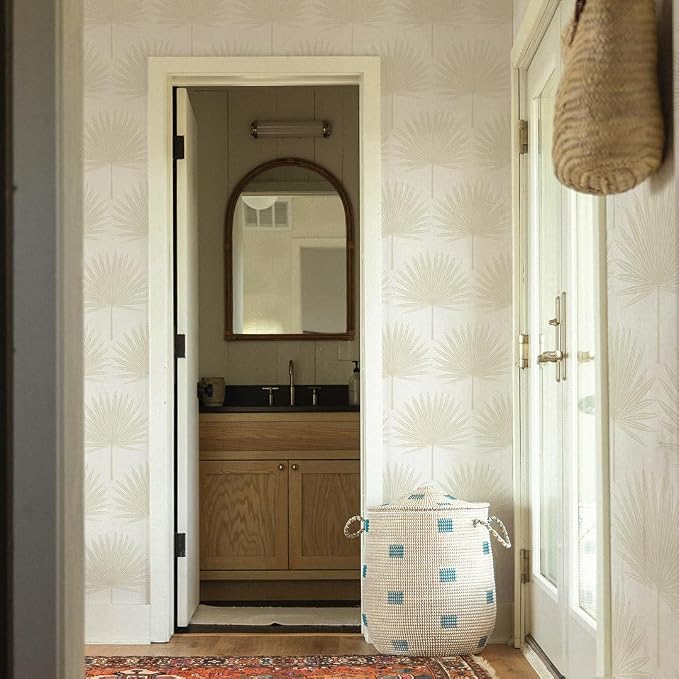 Tempaper Sandstone & Off-White Stamped Palm Removable Peel and Stick Boho Wallpaper, 20.5 in X 16.5 ft, Made in The USA