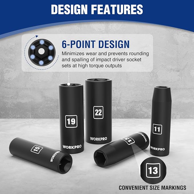 WORKPRO 14-Piece 1/2＂ Drive Deep Impact Socket Set, Metric | 6-Point, Heavy Duty Storage Case for Automotive and Mechanical Repairs, 10mm-27mm, Cr-V Steel