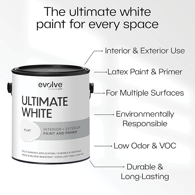 EVOLVE Ultimate White Paint & Primer in One, Flat White, 1 Gallon – Interior & Exterior, One-Coat Coverage, Excellent Hide, Low Odor, Low VOC, Washable Paint for Walls, Ceilings & Trim