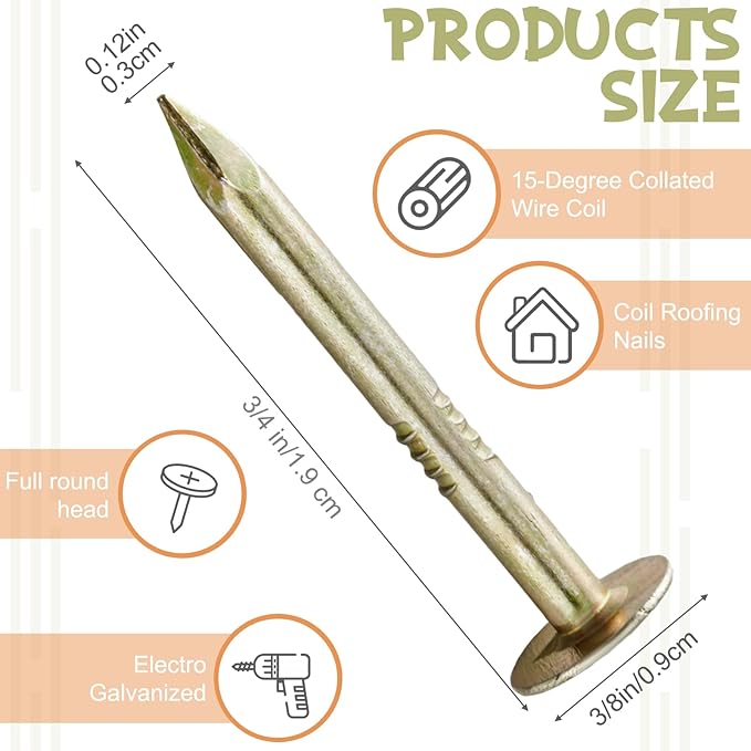 Sadnyy 1200 Count Coil Roofing Nails 3/4-1-1/4 in 15 Degree Coil Roofing Stainless Steel Siding Nails with Smooth Ring Shank for Roof Lathing Sheathing Material (3/4 inch x 0.12 inch)