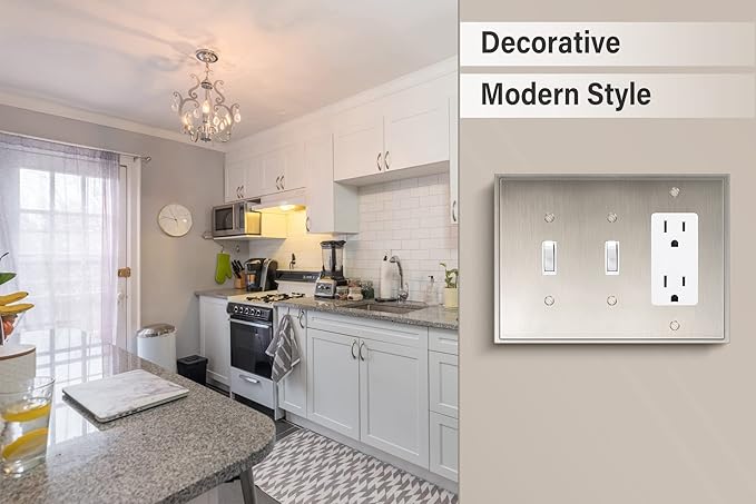 Henne Bery Soft Modern Decorative Wall Plate Switch Plate Outlet Cover (Double Toggle/Single Decorator, Satin Nickel)