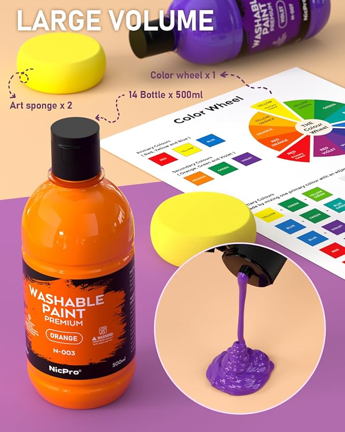 Nicpro 14 Colors Large Washable Paint Set for Kid (16.9oz), Acrylic Bulk Paint Supplies Non Toxic Tempera Paint for Art, Craft, Poster & Finger Paint, School, Teacher Classroom Must Have, Paraben-Free