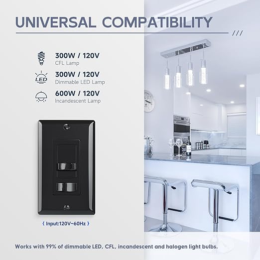 ECOELER Black in-Wall Dimmer Switch, Universal Lighting Control for 3-Way/Single Pole, Compatible with 300W Dimmable LED/CFL Lights and 600W Incandescent/Halogen, Wall Plate Included, ETL Listed
