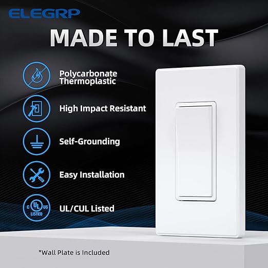 ELEGRP Matte White 3 Way Decorative Light Switch with Plate, 15 Amp, 120-277 Volt, AC Rocker Paddle Wall Switch Replacement, Self-Grounding, Residential Grade, w/Wall Plate, UL Listed (10 Pack)