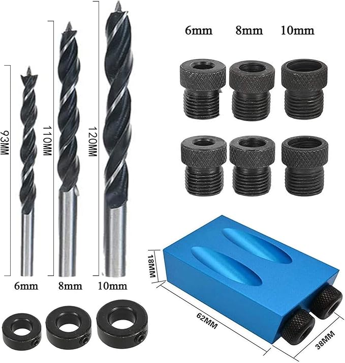 Pocket Hole Jig 14Pcs Kit - Woodwork Guides Joint Angle Tool Carpentry Locator - 15° Woodworking Inclined Hole Fixture 6/8/10mm Drill Bits Dowel Screw Drill Jig Joinery Kit Carpenters