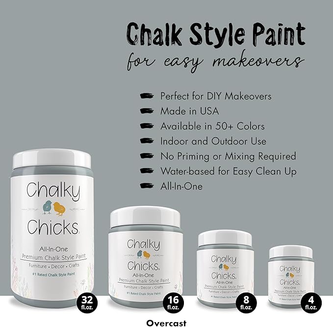 Chalky Chicks 32 Fl Oz Matte Overcast (Blue Gray) Chalk Paint for Furniture Without Sanding, No Prep Furniture Paint No Sanding All in One for Crafts, Wood, Walls, Cabinet, Metal, Dresser, Farmhouse