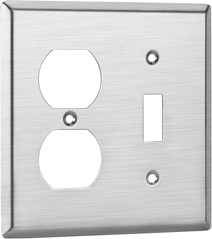 Bates- 2-Gang Combination Wall Plate, Standard Size, Silver Stainless Steel Toggle Light Switch/Duplex Receptacle Outlet, 2 Gang Wall Plate for Electrical Outlets, Double Outlet Cover Plate