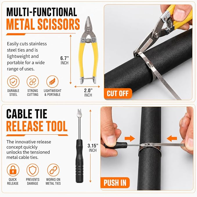 450Pcs Metal Zip Ties Gun Kit, Silver 8/12/16in & Black 8/12in Stainless Steel Zip Ties, Heavy Duty Cable Tie Fastening Cutting Tool Set with Organizer, Gloves, Storage Bag for Fence, Exhaust Wrap