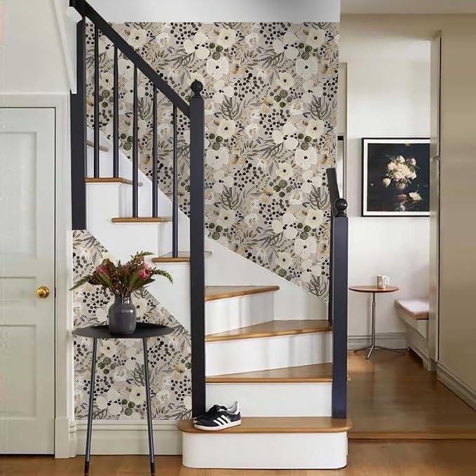 18"x236" Boho Cream/Brown Daisy Flower Peel and Stick Self Adhesive Wallpaper Removable Contact Paper Stick on Easy Peel Off Wall Paper for Kitchen Bedroom Bathroom Renter