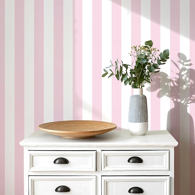 Cohoo Home Pink Striped Peel and Stick Wallpaper Pink and White Stripe Contact Paper for Cabinets Modern Stripes Self-Adhesive Removable Wall Paper Cute Girls Bedroom Nursery Decor Vinyl 17.7”×787”