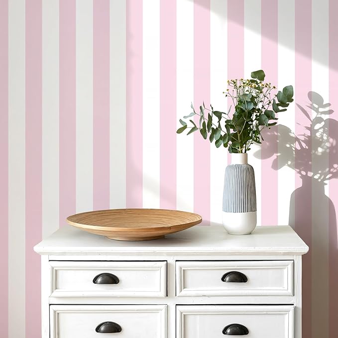 Cohoo Home Pink Striped Peel and Stick Wallpaper Pink and White Stripe 17.7”×276” Contact Paper for Cabinets Modern Stripes Self-Adhesive Removable Wall Paper Cute Girls Bedroom Nursery Decor Vinyl