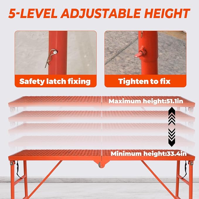 70" Folding Scaffolding Platform, 770lbs Heavy Duty Portable Work Platform with Adjustable Legs for Stairs & Uneven Ground, Multi-Purpose Scaffold Ladder, Welding Table, Red