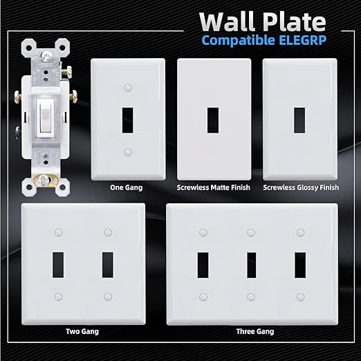 ELEGRP 3 Way Toggle Light Switch with Plate, 15 Amp, 120 V, Toggle Framed AC Quiet Switch, in Wall On/Off Switch, Self-Grounding, Residential and Commercial Grade, UL Listed (5 Pack, Glossy White)
