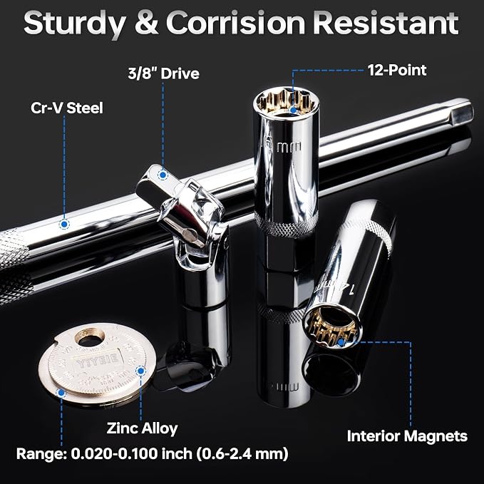 3/8-Inch Drive Torque Wrench Set, 5-50 FT.LB(6.8-67.8 Nm), Magnetic Spark Plug Socket Set, 12-Point Sockets 14mm & 16mm, Spark Plug Gap Tool, ±3% Accuracy, 72-Tooth Torque Wrench for Motor, Car Repair
