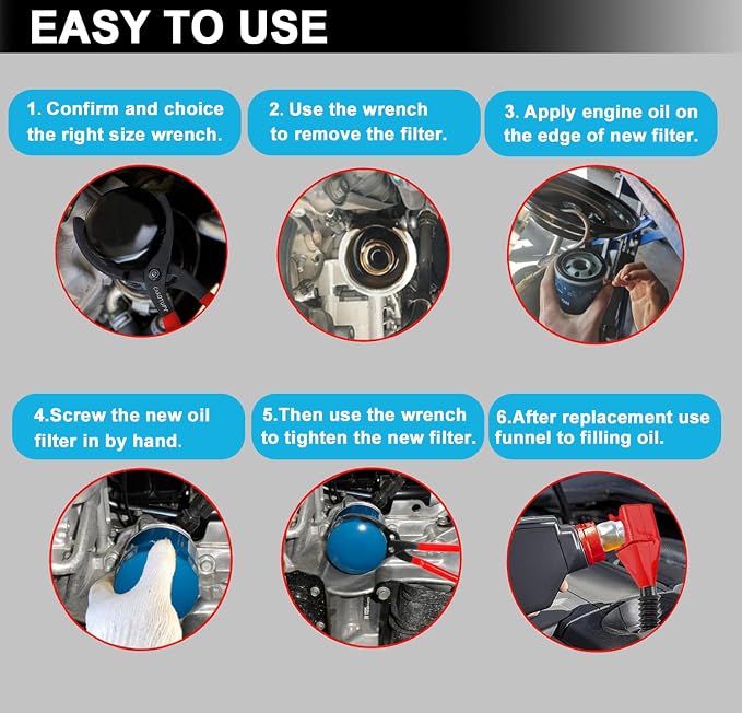 Oil Filter Wrench Set, Adjustable Oil Filter Pliers Set (6Pcs) | Universal Oil Filter Removal Tool 1-1/4" - 8-1/2", Adjustable 3-Jaw Oil Filter Wrench, Small Snap-On Oil Funnel