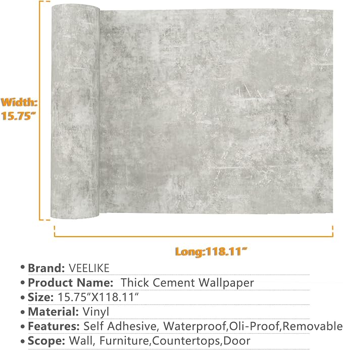 VEELIKE 15.7''x118'' Concrete Wallpaper Peel and Stick Textured Limewash Wallpaper for Bedroom Bathroom Wall Removable Self Adhesive Concrete Contact Paper for Countertops Waterproof Cement Wall Paper