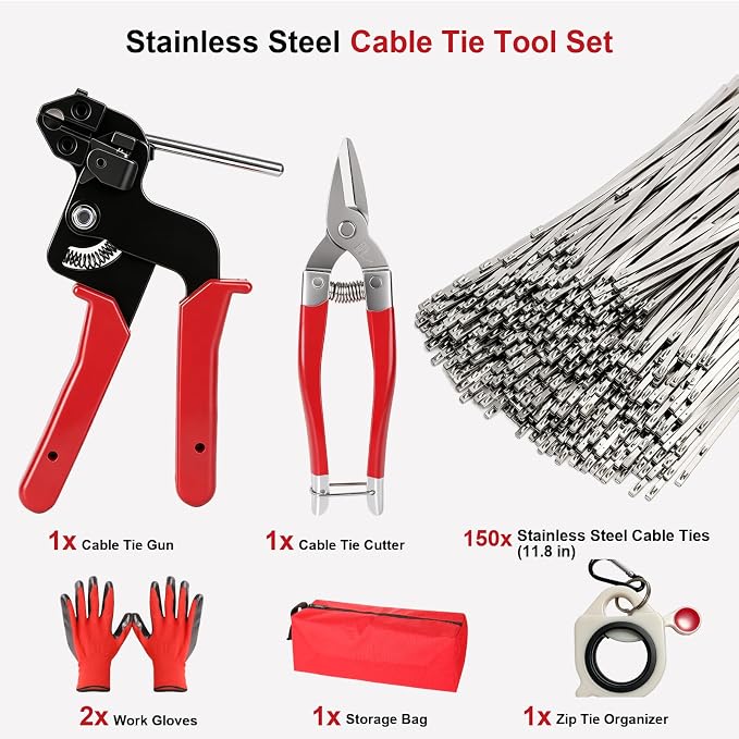 Metal Zip Ties Heavy Duty Outdoor, Metal Zip Tie Tool with 150PCS 11.8 inch | Stainless Steel Zip Ties Gun Kit with Metal Cable Ties for Industrial,Tightening Cutting, Outdoor Fence Automotive Garden