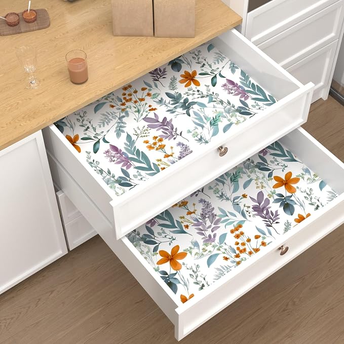 Blue Leaf Wallpaper Peel and Stick,Vintage Purple/Orange Floral Contact Paper 17.5" x 118",Botanical Wall Paper Self Adhesive Removable Waterproof for Room Bedroom Walls Shelves Cabinet Table Decor