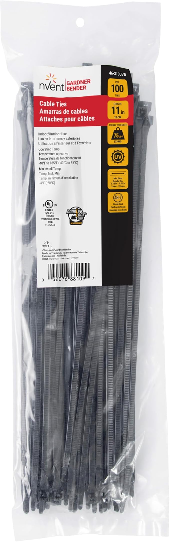 Gardner Bender 46-310UVB DoubleLock Cable Tie, 11 inch, 75 lb, Electrical Wire and Cord Management, Nylon Zip Tie, 100 Pk, UV Resistant Black