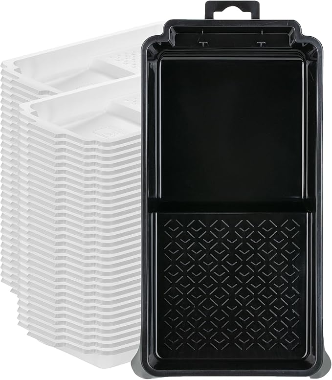 Bates- 4 Inch Paint Tray Set, 61 Pack, 1x 4 Inch Paint Roller Tray, 60x Disposable Plastic Liners, Black and White